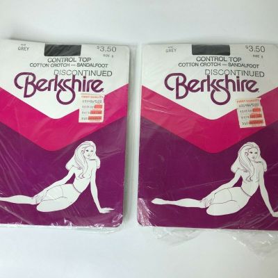 2 Pair - Vintage Berkshire Control Top Pantyhose Sandalfoot #4419 Grey Size 2